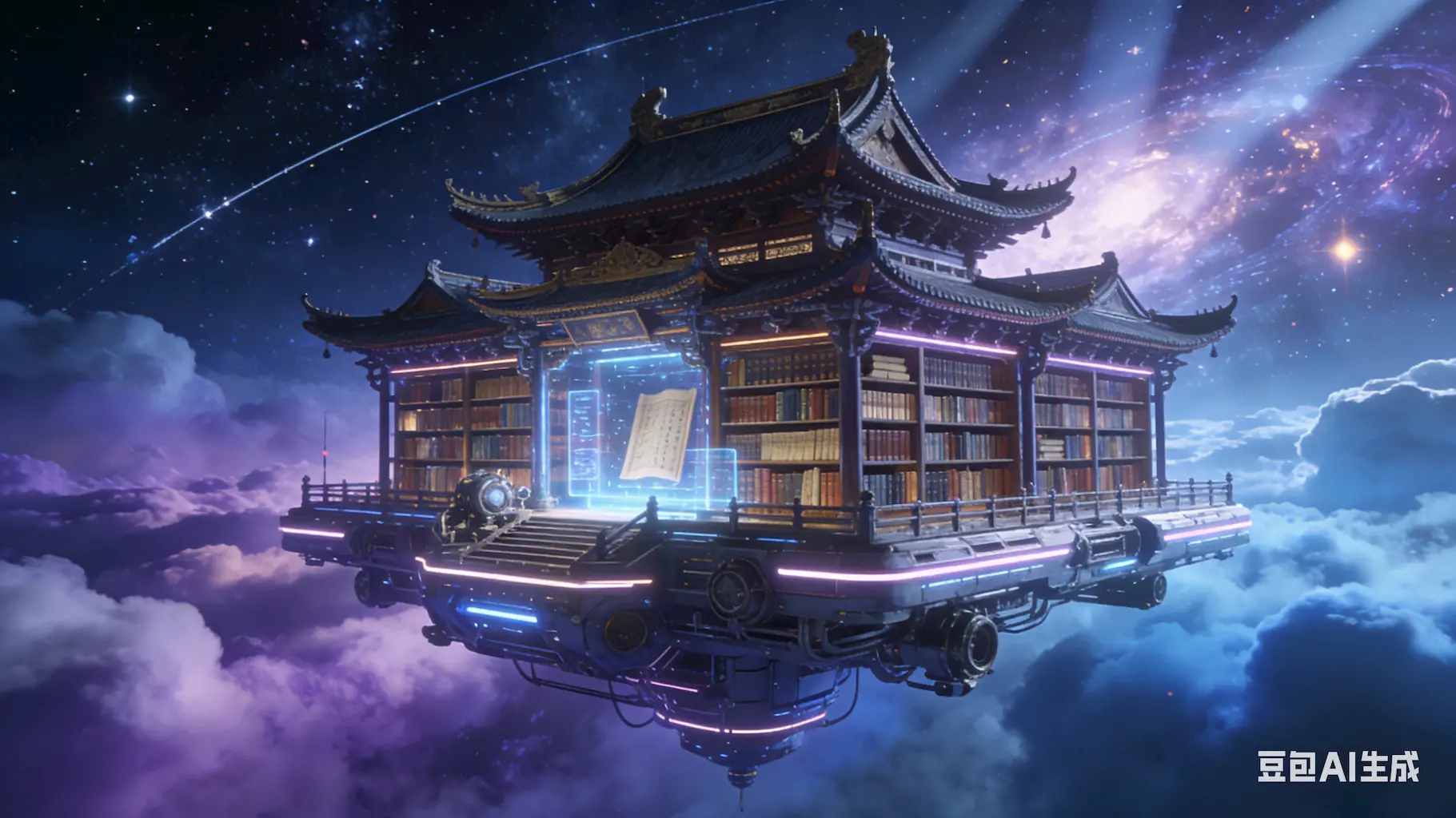 一座赛博未来风格的中国皇室藏书阁